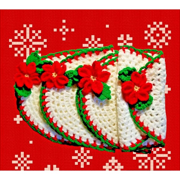 Unbranded Other - Poinsettia Crochet Placemats Handcrafted Set of 4 Holiday Christmas Oval